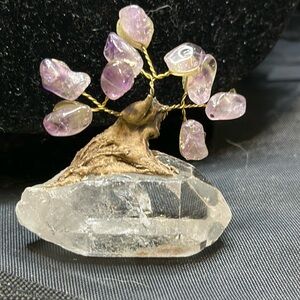 Amethyst Tree of life on quartz Crystal point  5.7” tall